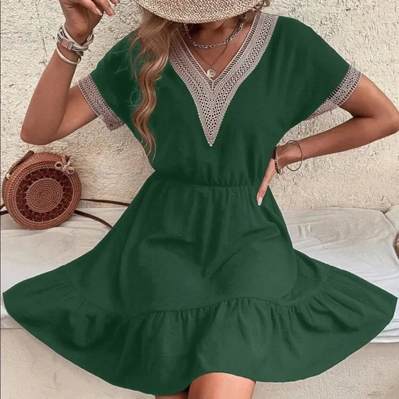 Boho Sheer Mesh Crochet Lace Flounce Sleeve Ruffle Dress - Picture 11 of 15